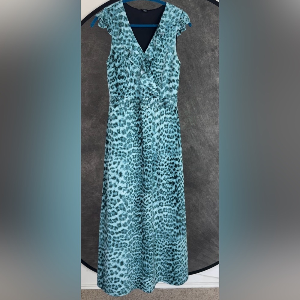 INC International Concepts Teal Aqua Cheetah Print Ruffled V-Neck Maxi Dress | M